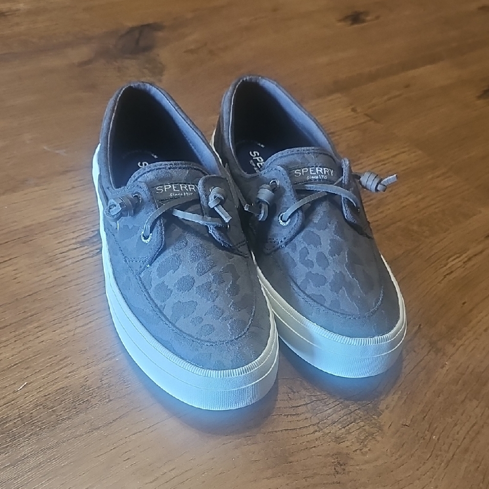 Sperry Charcoal Leopard Print Boat Shoes